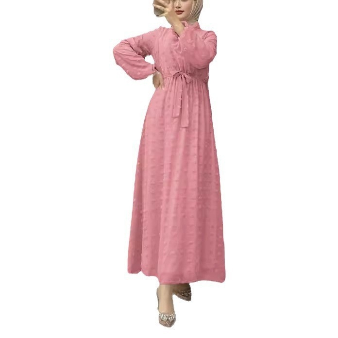 M2586 Διασυνοριακά Μουσουλμανικά Γυναικεία Ρούχα Μέσης Ανατολής Νέα Μονόχρωμη Ζακάρ Ρόμπα με Ζώνη, Κομψό Φόρεμα