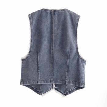 Γυναικείο τζιν γιλέκο, κοντό, άνοιξη 2024, νέο κορεάτικο στυλ, βαρέως τύπου, αμάνικο μπουφάν με χάντρες, σε στενή γραμμή, μοντέρνο