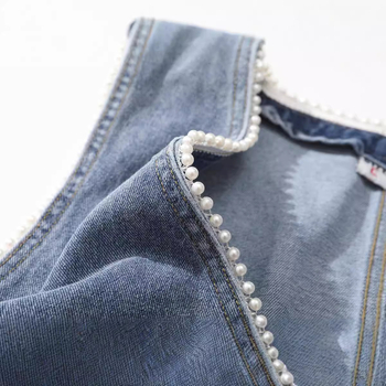 Γυναικείο τζιν γιλέκο, κοντό, άνοιξη 2024, νέο κορεάτικο στυλ, βαρέως τύπου, αμάνικο μπουφάν με χάντρες, σε στενή γραμμή, μοντέρνο