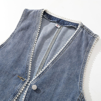 Γυναικείο τζιν γιλέκο, κοντό, άνοιξη 2024, νέο κορεάτικο στυλ, βαρέως τύπου, αμάνικο μπουφάν με χάντρες, σε στενή γραμμή, μοντέρνο