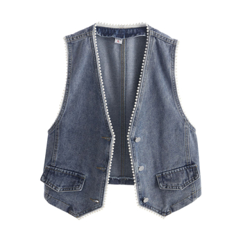 Γυναικείο τζιν γιλέκο, κοντό, άνοιξη 2024, νέο κορεάτικο στυλ, βαρέως τύπου, αμάνικο μπουφάν με χάντρες, σε στενή γραμμή, μοντέρνο