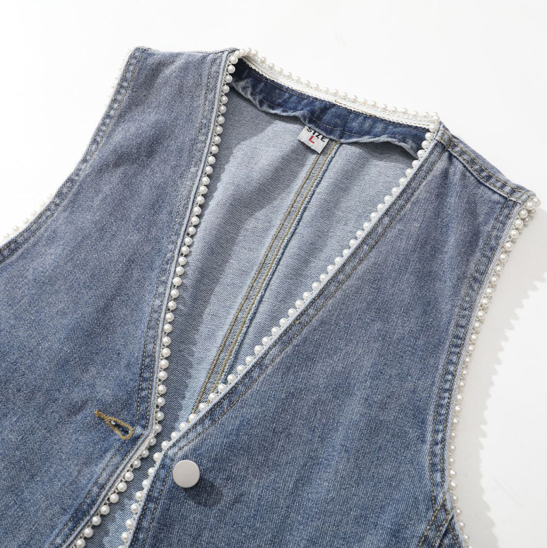 Γυναικείο τζιν γιλέκο, κοντό, άνοιξη 2024, νέο κορεάτικο στυλ, βαρέως τύπου, αμάνικο μπουφάν με χάντρες, σε στενή γραμμή, μοντέρνο
