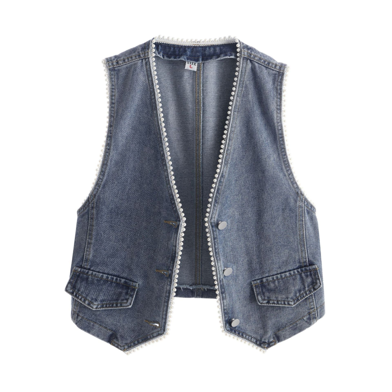 Γυναικείο τζιν γιλέκο, κοντό, άνοιξη 2024, νέο κορεάτικο στυλ, βαρέως τύπου, αμάνικο μπουφάν με χάντρες, σε στενή γραμμή, μοντέρνο