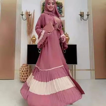 BC006 Határokon átnyúló külkereskedelmi közel-keleti muszlim ruha 2024 új stílusú elegáns virágos szegélyű nyitott ing hosszú ruha derékövvel