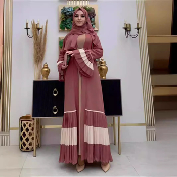BC006 Határokon átnyúló külkereskedelmi közel-keleti muszlim ruha 2024 új stílusú elegáns virágos szegélyű nyitott ing hosszú ruha derékövvel