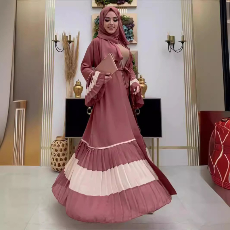 BC006 Határokon átnyúló külkereskedelmi közel-keleti muszlim ruha 2024 új stílusú elegáns virágos szegélyű nyitott ing hosszú ruha derékövvel