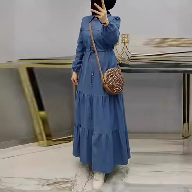 M2238 Amazon Middle East Dubai jauna sieviešu zila šuvju garā kleita, moderna, eleganta džinsa kleita