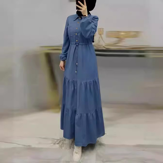 M2238 Amazon Middle East Dubai új női kék varrású hosszú ruha divatos elegáns farmerruha