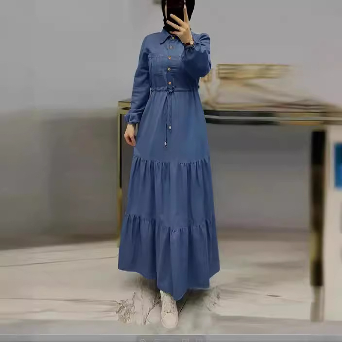 M2238 Amazon Middle East Dubai új női kék varrású hosszú ruha divatos elegáns farmerruha