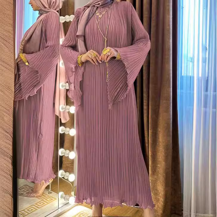 M2758 Amazon Cross Border Γυναικείο Μουσουλμανικό Φόρεμα Μέσης Ανατολής Νέο Μονόχρωμο Πλισέ Μόδα Κομψό Φόρεμα