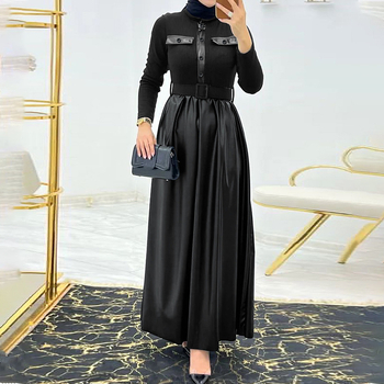 M2562 Μέση Ανατολή Amazon διασυνοριακό μουσουλμανικό μονόχρωμο δερμάτινο ράψιμο με ζώνη, κομψό φόρεμα