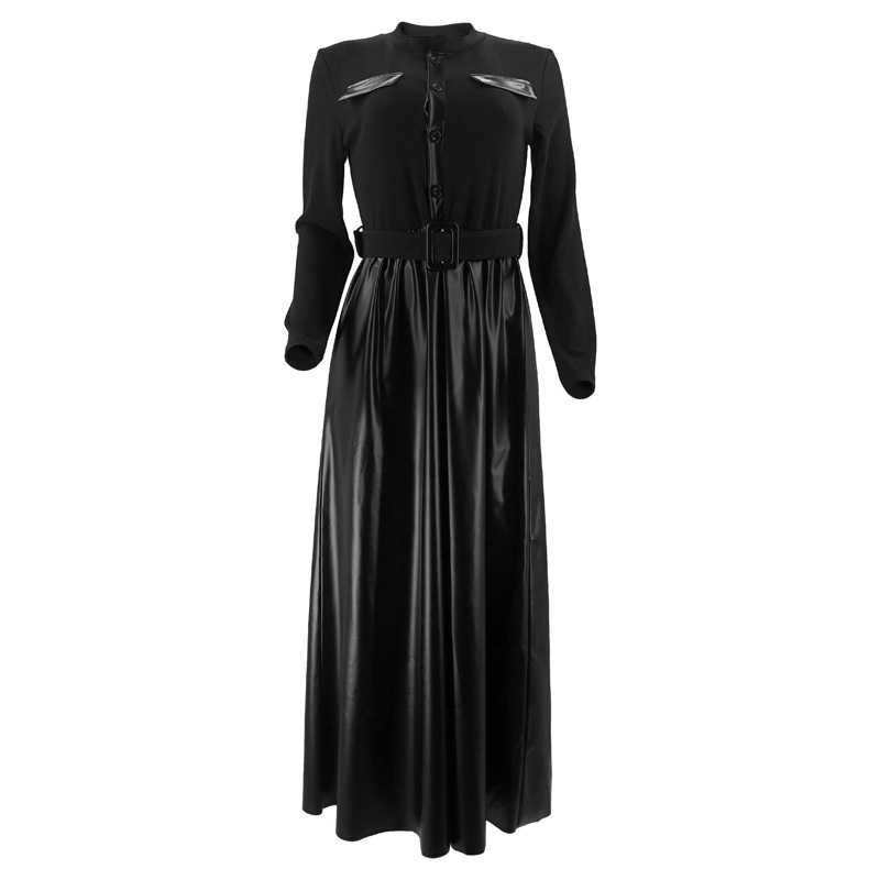 M2562 Μέση Ανατολή Amazon διασυνοριακό μουσουλμανικό μονόχρωμο δερμάτινο ράψιμο με ζώνη, κομψό φόρεμα