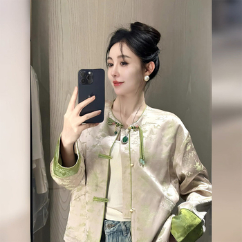 Νέα γυναικεία ρούχα κινέζικου στιλ με μπουφάν τανγκ με κουμπιά, αρχές άνοιξης 2025, νέο μοντέλο, κοντό μπροκάρ τοπ για μικροσκοπικές φιγούρες