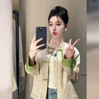 Νέα γυναικεία ρούχα κινέζικου στιλ με μπουφάν τανγκ με κουμπιά, αρχές άνοιξης 2025, νέο μοντέλο, κοντό μπροκάρ τοπ για μικροσκοπικές φιγούρες