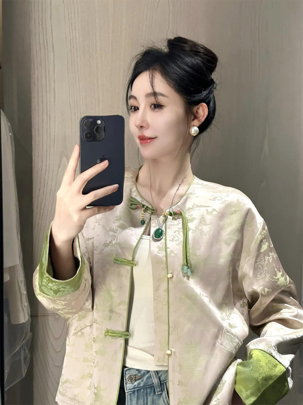 Νέα γυναικεία ρούχα κινέζικου στιλ με μπουφάν τανγκ με κουμπιά, αρχές άνοιξης 2025, νέο μοντέλο, κοντό μπροκάρ τοπ για μικροσκοπικές φιγούρες