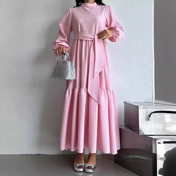 M2728 Amazon Γυναικείο Μουσουλμανικό Μονόχρωμο Μακρύ Ψηλό Λαιμόκοψη με Ζώνη, Μοντέρνο Κομψό Φόρεμα