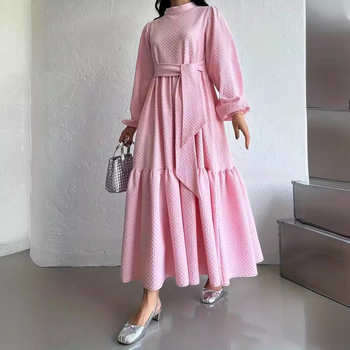 M2728 Amazon Γυναικείο Μουσουλμανικό Μονόχρωμο Μακρύ Ψηλό Λαιμόκοψη με Ζώνη, Μοντέρνο Κομψό Φόρεμα