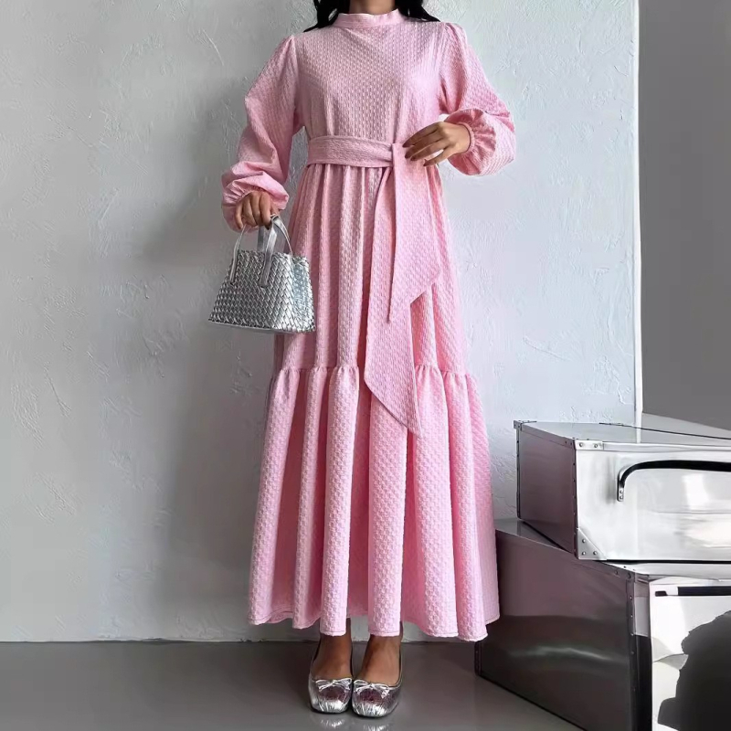 M2728 Amazon Γυναικείο Μουσουλμανικό Μονόχρωμο Μακρύ Ψηλό Λαιμόκοψη με Ζώνη, Μοντέρνο Κομψό Φόρεμα