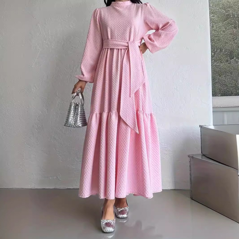 M2728 Amazon Γυναικείο Μουσουλμανικό Μονόχρωμο Μακρύ Ψηλό Λαιμόκοψη με Ζώνη, Μοντέρνο Κομψό Φόρεμα