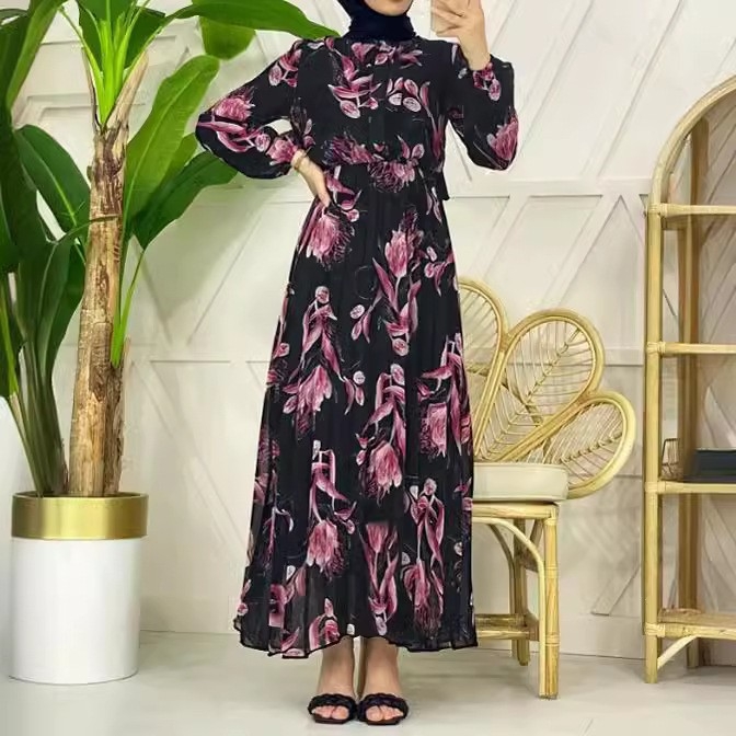 M2613 Διασυνοριακό Μουσουλμανικό Νέο Φόρεμα από Σιφόν με Πέρλες και Πλισέ Μακρύ, Μοντέρνο και Κομψό Μακρύ Φόρεμα