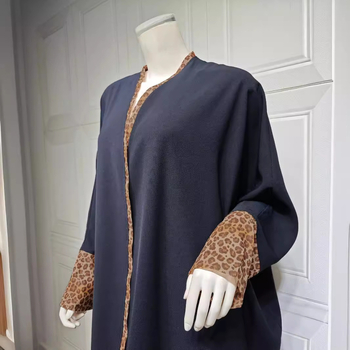 MQ088 Új Muszlim Abaya Divat Kardigán Leopárdmintás Sifon Színblokkos Köntös Török Köntös Turbánnal