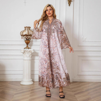 241104 Γυναικεία Ρόμπα με Κέντημα και Στάμπα με Διαμάντια, Γυναικείο Φόρεμα Abaya, Διασυνοριακό, Γυναικείο Μουσουλμανικό Ρόμπα, Κεντημένο, Ύφασμα