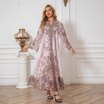 241104 Γυναικεία Ρόμπα με Κέντημα και Στάμπα με Διαμάντια, Γυναικείο Φόρεμα Abaya, Διασυνοριακό, Γυναικείο Μουσουλμανικό Ρόμπα, Κεντημένο, Ύφασμα