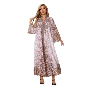 241104 Γυναικεία Ρόμπα με Κέντημα και Στάμπα με Διαμάντια, Γυναικείο Φόρεμα Abaya, Διασυνοριακό, Γυναικείο Μουσουλμανικό Ρόμπα, Κεντημένο, Ύφασμα