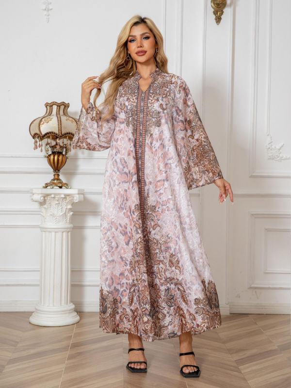 241104 Γυναικεία Ρόμπα με Κέντημα και Στάμπα με Διαμάντια, Γυναικείο Φόρεμα Abaya, Διασυνοριακό, Γυναικείο Μουσουλμανικό Ρόμπα, Κεντημένο, Ύφασμα