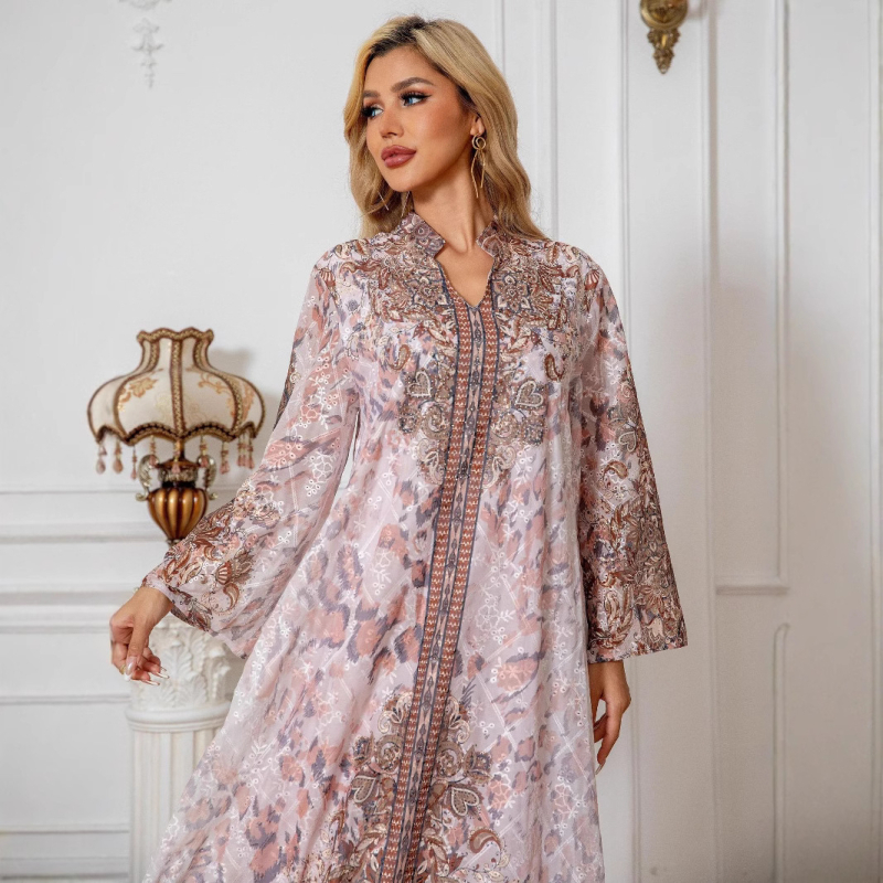 241104 Γυναικεία Ρόμπα με Κέντημα και Στάμπα με Διαμάντια, Γυναικείο Φόρεμα Abaya, Διασυνοριακό, Γυναικείο Μουσουλμανικό Ρόμπα, Κεντημένο, Ύφασμα