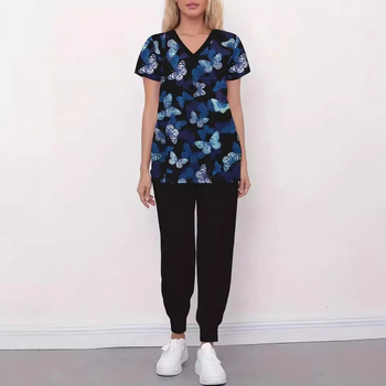 Otsemüük hulgimüügist Naiste vabaaja 100% puuvillane V-kaelusega tavaliste õlgadega lühikeste varrukatega T-särk meditsiiniõe õendusvormiriietus liblikaga 3D-prindiga