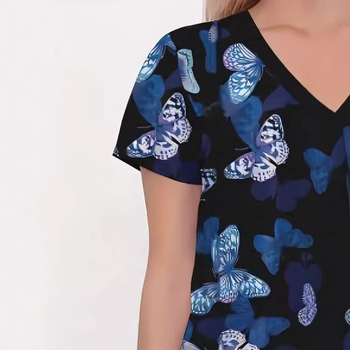 Otsemüük hulgimüügist Naiste vabaaja 100% puuvillane V-kaelusega tavaliste õlgadega lühikeste varrukatega T-särk meditsiiniõe õendusvormiriietus liblikaga 3D-prindiga