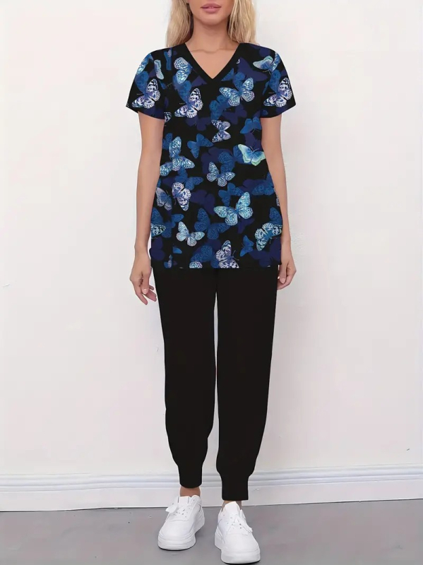 Otsemüük hulgimüügist Naiste vabaaja 100% puuvillane V-kaelusega tavaliste õlgadega lühikeste varrukatega T-särk meditsiiniõe õendusvormiriietus liblikaga 3D-prindiga