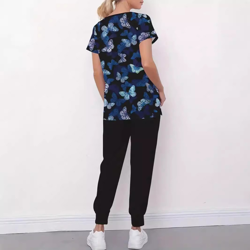Otsemüük hulgimüügist Naiste vabaaja 100% puuvillane V-kaelusega tavaliste õlgadega lühikeste varrukatega T-särk meditsiiniõe õendusvormiriietus liblikaga 3D-prindiga