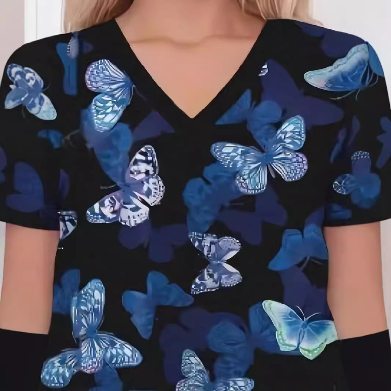 Otsemüük hulgimüügist Naiste vabaaja 100% puuvillane V-kaelusega tavaliste õlgadega lühikeste varrukatega T-särk meditsiiniõe õendusvormiriietus liblikaga 3D-prindiga