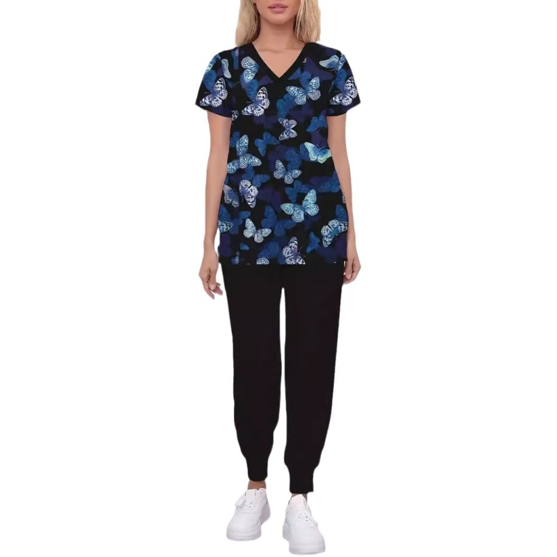 Otsemüük hulgimüügist Naiste vabaaja 100% puuvillane V-kaelusega tavaliste õlgadega lühikeste varrukatega T-särk meditsiiniõe õendusvormiriietus liblikaga 3D-prindiga