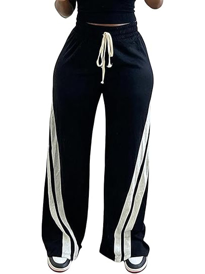 plus size raktáron lévő sportfazonú csíkos rugalmas derekú nadrág, európai és amerikai határokon átnyúló, kényelmes, laza húzózsinóros lezser női nadrág