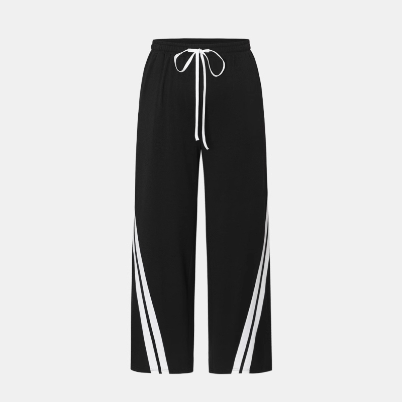 Plius dydžio sandėlyje esančios sportinio stiliaus dryžuotos kelnės su elastingu juosmeniu, europietiškos ir amerikietiškos, patogios laisvalaikio moteriškos kelnės su raišteliu.