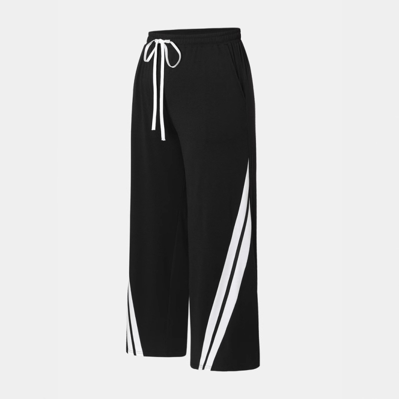 Plius dydžio sandėlyje esančios sportinio stiliaus dryžuotos kelnės su elastingu juosmeniu, europietiškos ir amerikietiškos, patogios laisvalaikio moteriškos kelnės su raišteliu.