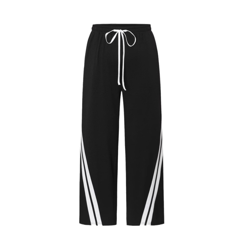 Plius dydžio sandėlyje esančios sportinio stiliaus dryžuotos kelnės su elastingu juosmeniu, europietiškos ir amerikietiškos, patogios laisvalaikio moteriškos kelnės su raišteliu.