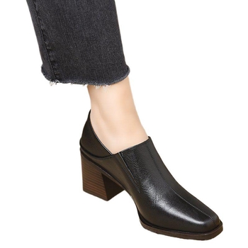 Κομψά ψηλοτάκουνα παπούτσια μονής στρώσης γυναικών 2025 Άνοιξη και Φθινόπωρο 2025, νέα, επαγγελματικά μικρά δερμάτινα παπούτσια από μαλακό δέρμα με χοντρό τακούνι και τετράγωνη μύτη.