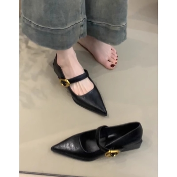 Γυναικεία vintage παπούτσια με μυτερό χοντρό τακούνι, νέα μαύρα κομψά ψηλοτάκουνα παπούτσια με ζώνη και αγκράφα, παπούτσια Mary Jane