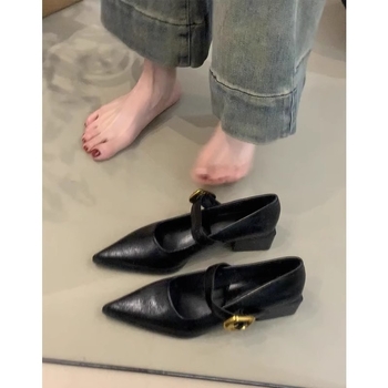 Γυναικεία vintage παπούτσια με μυτερό χοντρό τακούνι, νέα μαύρα κομψά ψηλοτάκουνα παπούτσια με ζώνη και αγκράφα, παπούτσια Mary Jane