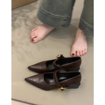 Γυναικεία vintage παπούτσια με μυτερό χοντρό τακούνι, νέα μαύρα κομψά ψηλοτάκουνα παπούτσια με ζώνη και αγκράφα, παπούτσια Mary Jane