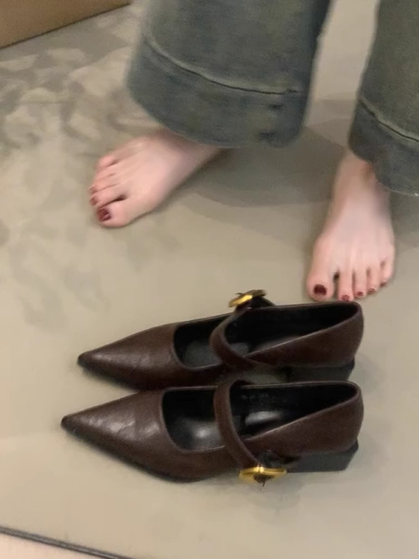 Γυναικεία vintage παπούτσια με μυτερό χοντρό τακούνι, νέα μαύρα κομψά ψηλοτάκουνα παπούτσια με ζώνη και αγκράφα, παπούτσια Mary Jane