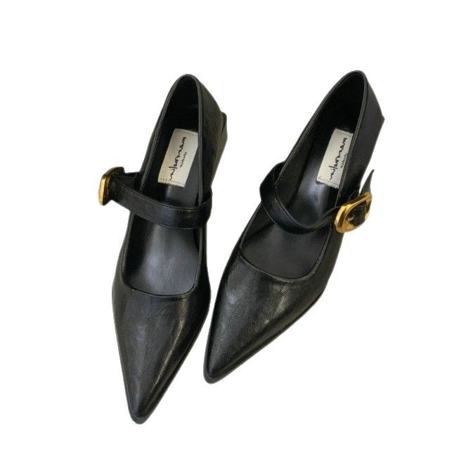 Γυναικεία vintage παπούτσια με μυτερό χοντρό τακούνι, νέα μαύρα κομψά ψηλοτάκουνα παπούτσια με ζώνη και αγκράφα, παπούτσια Mary Jane