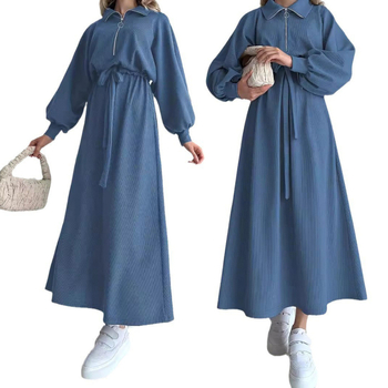 M2560 Διασυνοριακό Μουσουλμανικό φόρεμα με ζώνη και πέτο, μονόχρωμο, κομψό, μακρύ φόρεμα