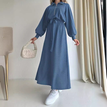 M2560 Διασυνοριακό Μουσουλμανικό φόρεμα με ζώνη και πέτο, μονόχρωμο, κομψό, μακρύ φόρεμα
