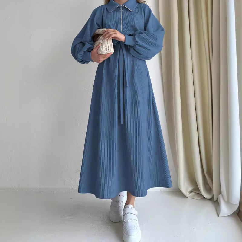 M2560 Διασυνοριακό Μουσουλμανικό φόρεμα με ζώνη και πέτο, μονόχρωμο, κομψό, μακρύ φόρεμα