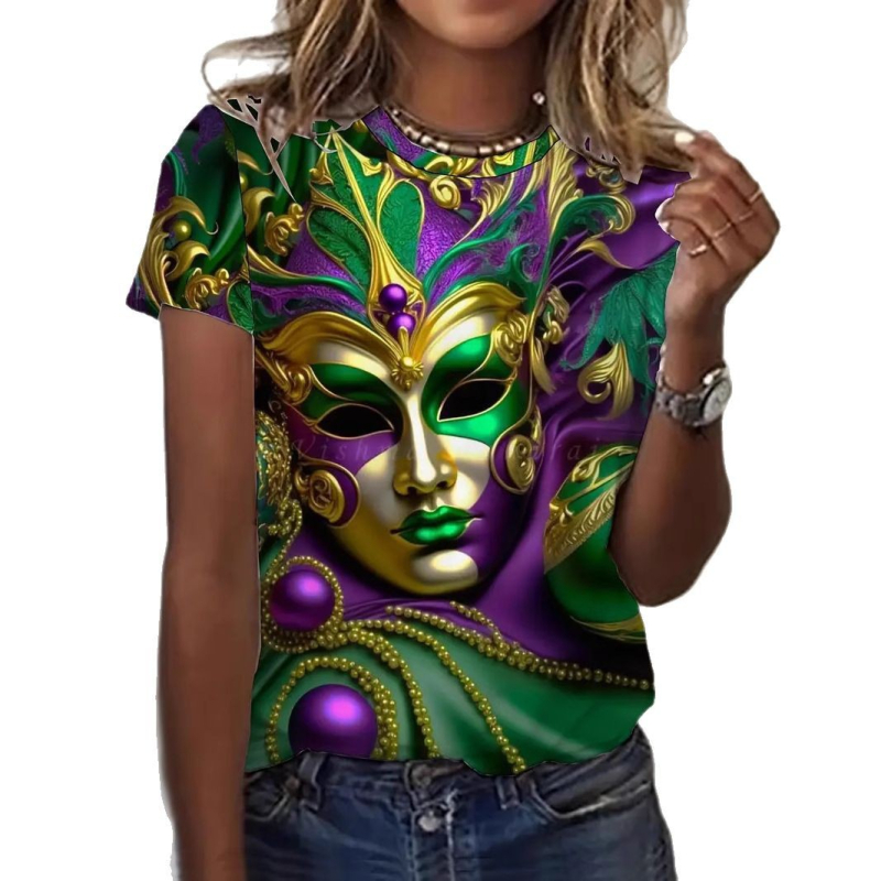 Γυναικείο T-shirt 2025 Crossborder Amazon Europe and America 3d Digital Print Mask Pattern Carnival Ball Crewneck Top